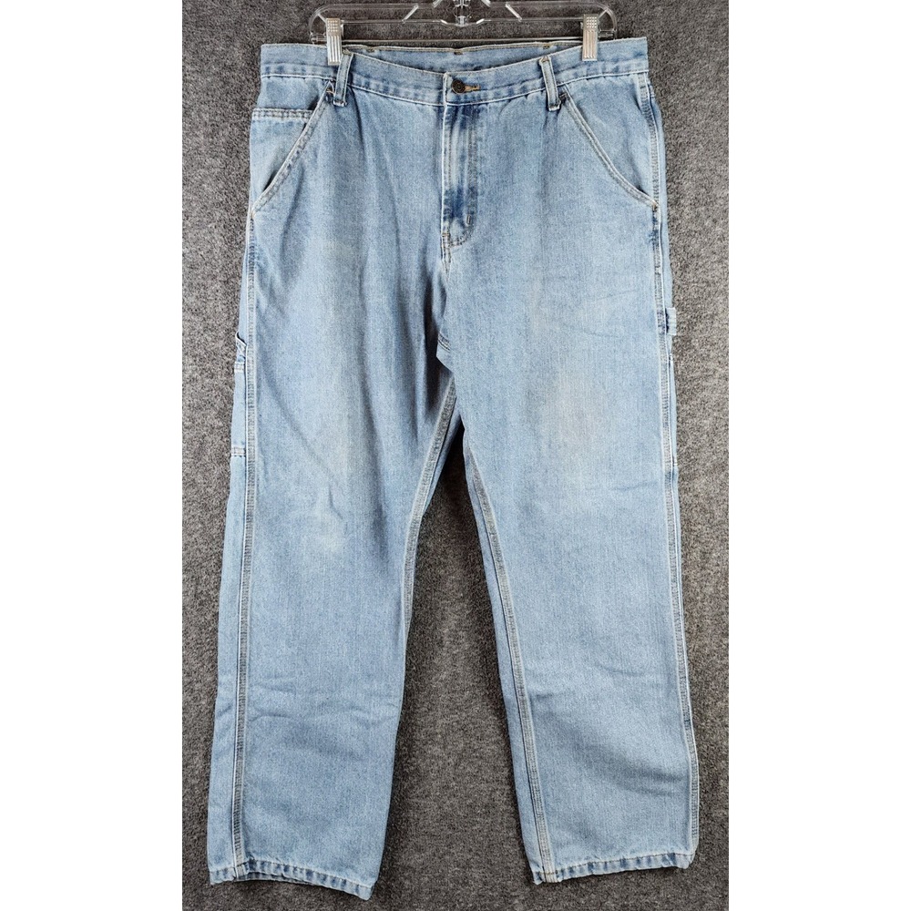 Full Blue Carpenter Pants Mens 34x32 Light Wash Denim Utility Workwear EUC